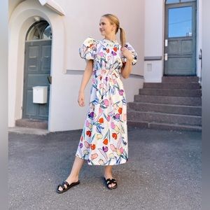 ROTATE BIRGER CHRISTENSEN | Noon Flora Print Cutout Puff Sleeve MIDI Dress